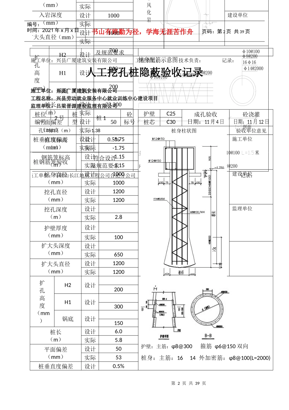人工挖孔桩隐蔽验收记录(兴县劳动就业服务中心就业训练中心建设项目10)_第2页