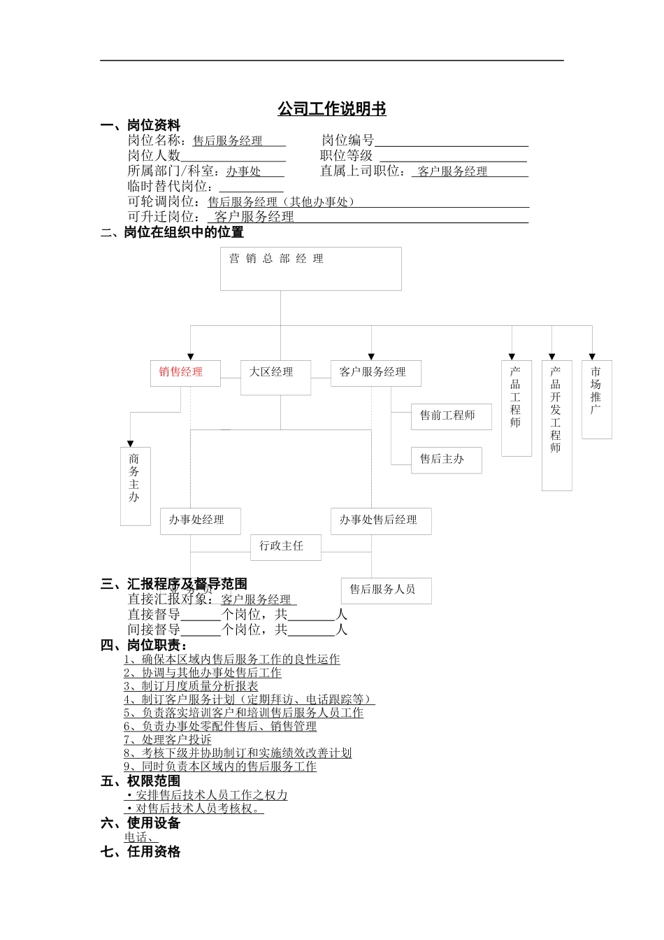 售后服务经理岗位说明书_第1页