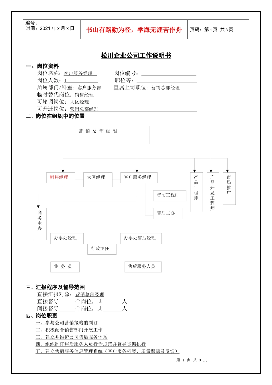 客户服务经理职位说明书_第1页