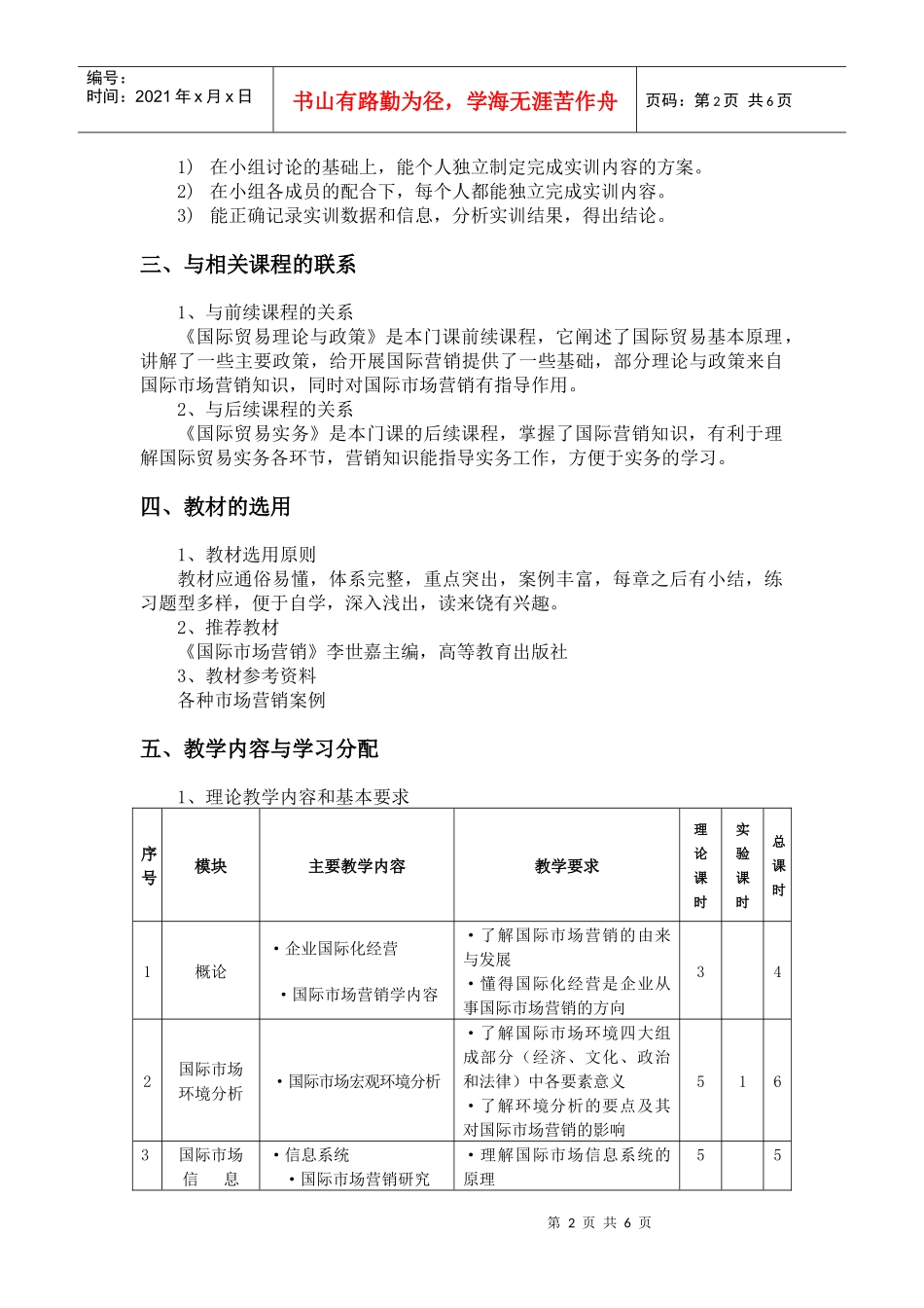国际市场营销 教学大纲_第2页