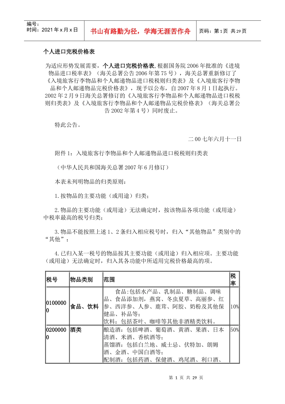 个人进口完税价格表_第1页