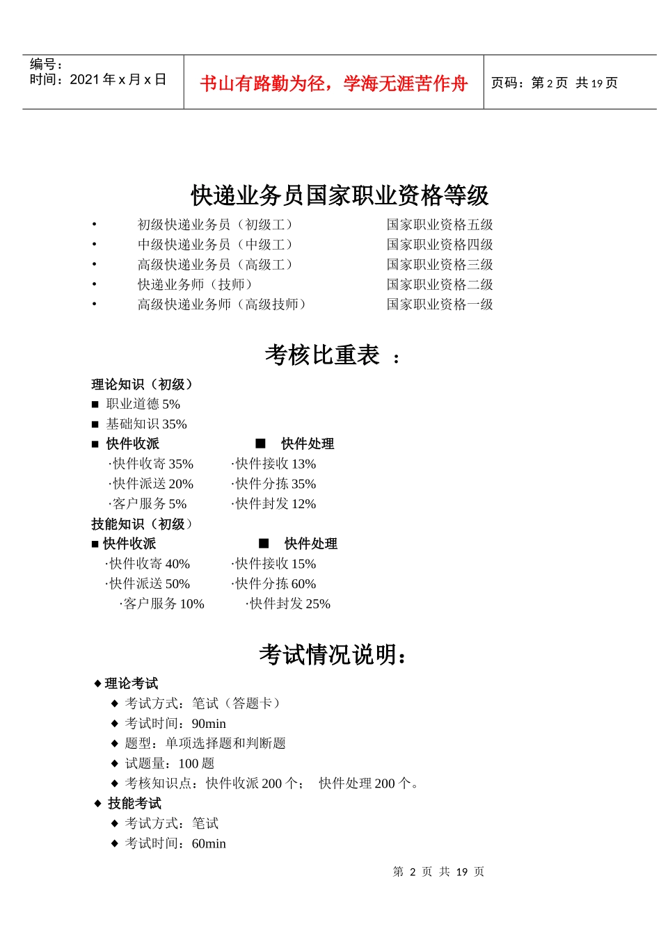 《快递业务员快件收派（初级）》培训教材培训大纲_第2页