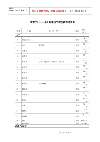 上海市二○一一年七月建设工程价格市场信息