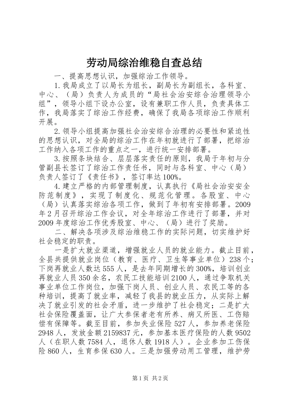 劳动局综治维稳自查总结_第1页