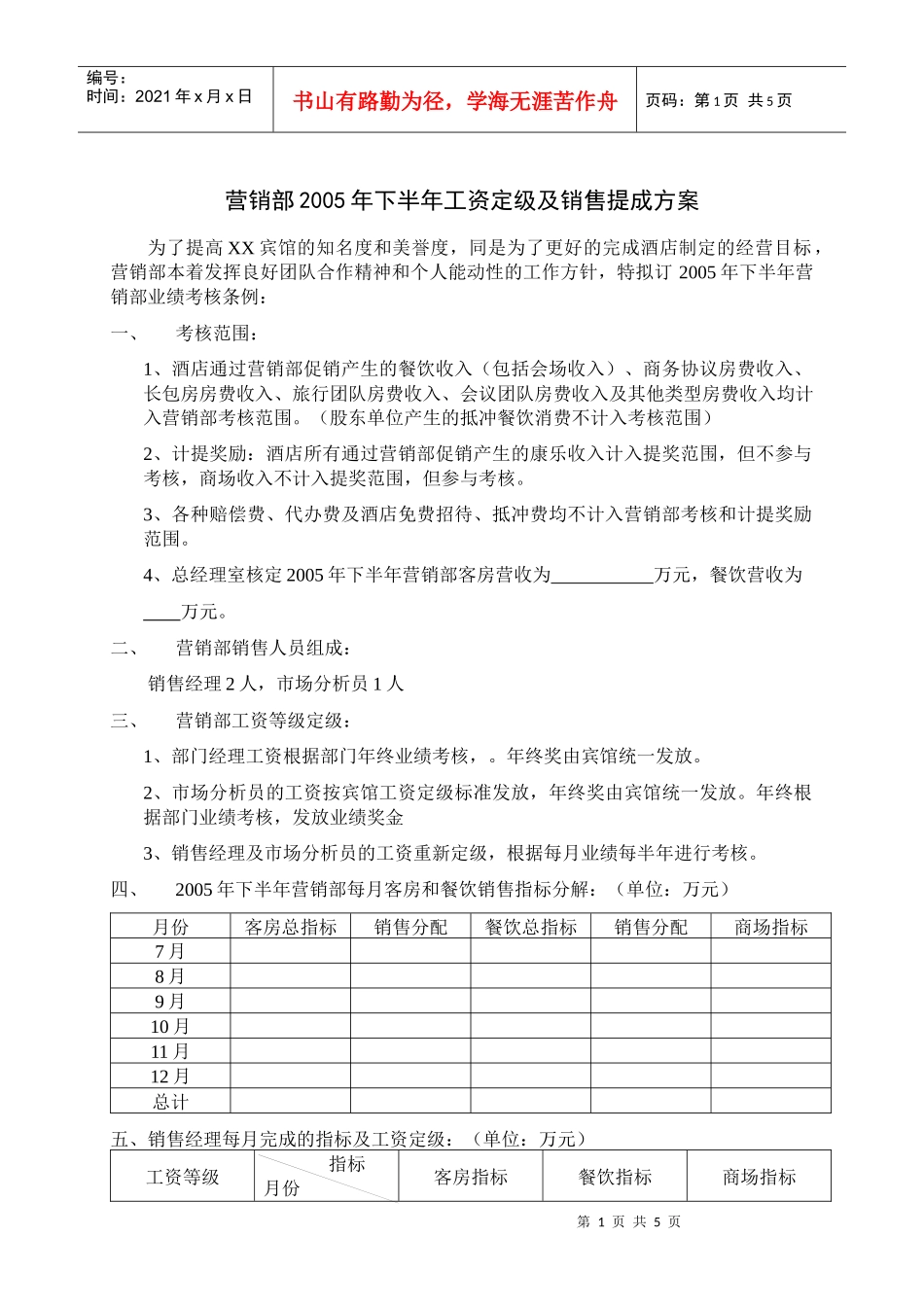 营销部年下半年工资定级及销售提成方案_第1页