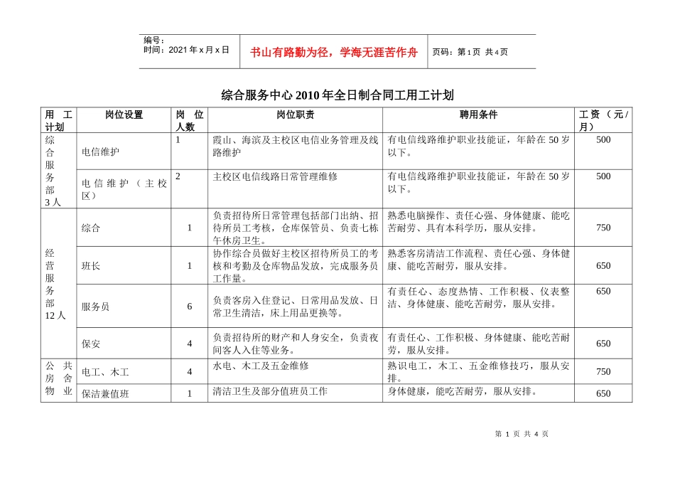 综合服务中心XXXX年全日制合同工用工计划_第1页