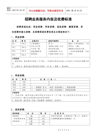 招聘业务服务内容及收费标准
