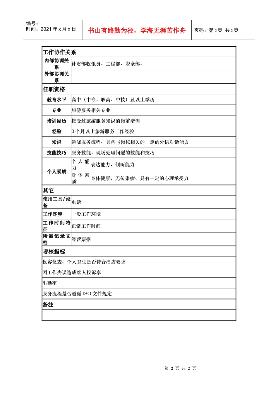 酒店夜总会服务员岗位说明书_第2页