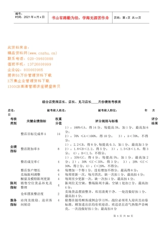 综合店资深店长与见习店长月份KPI绩效考核表