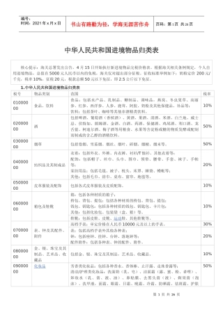 进境物品归来及完税价格表