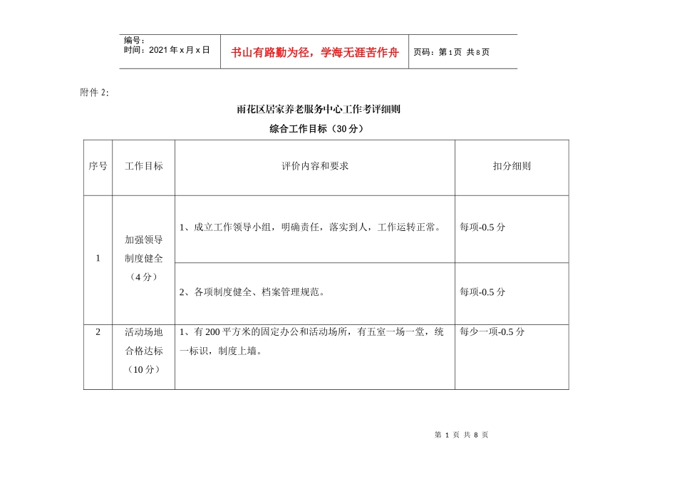 雨花区居家养老服务中心工作考评细则_第1页