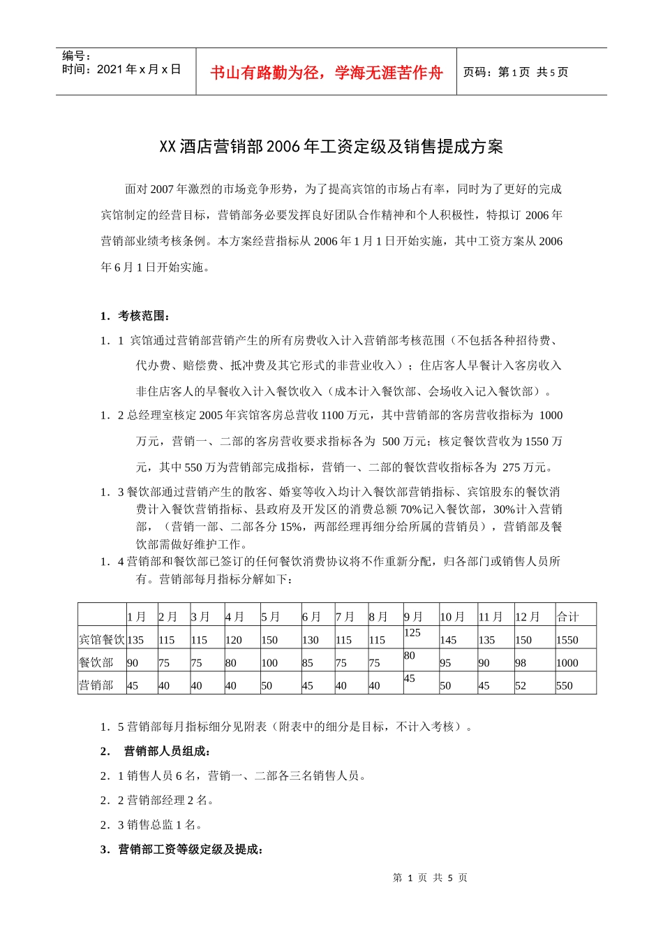 营销部年工资定级及销售提成方案_第1页