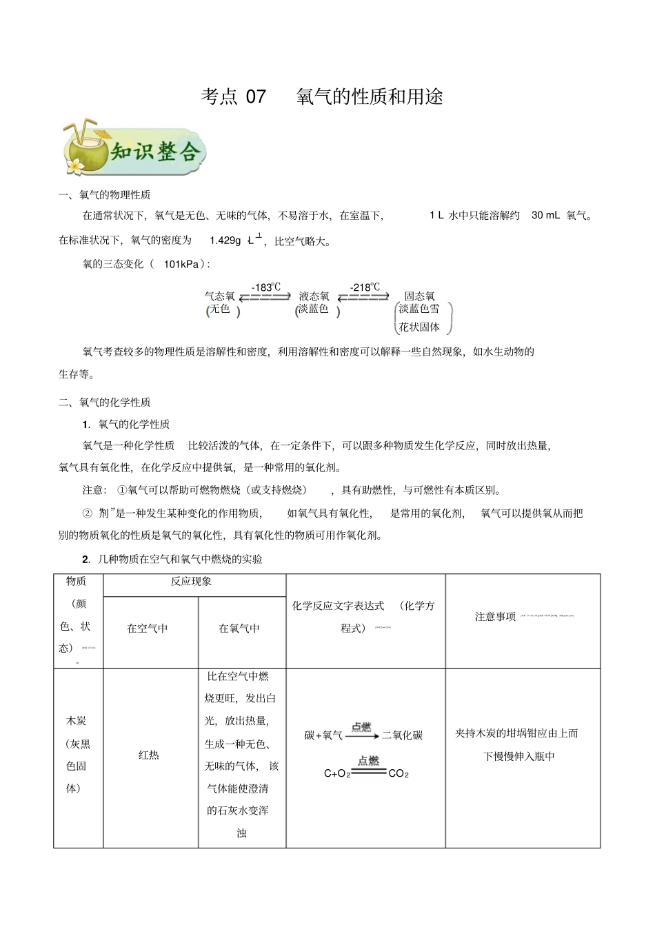 中考考点-氧气的性质和用途_第1页