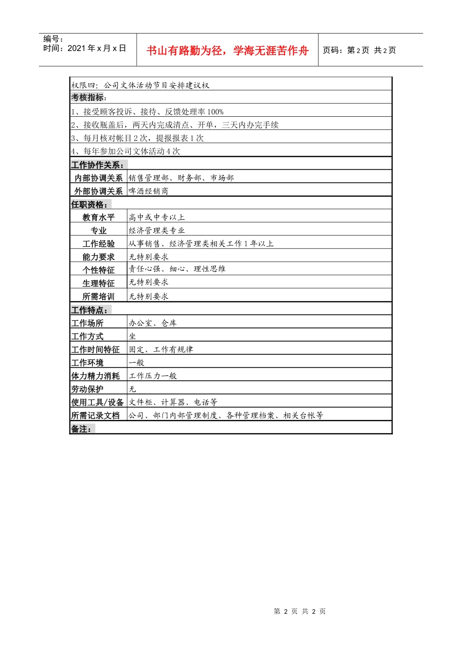 某啤酒企业营销服务部热线服务岗岗位说明书_第2页