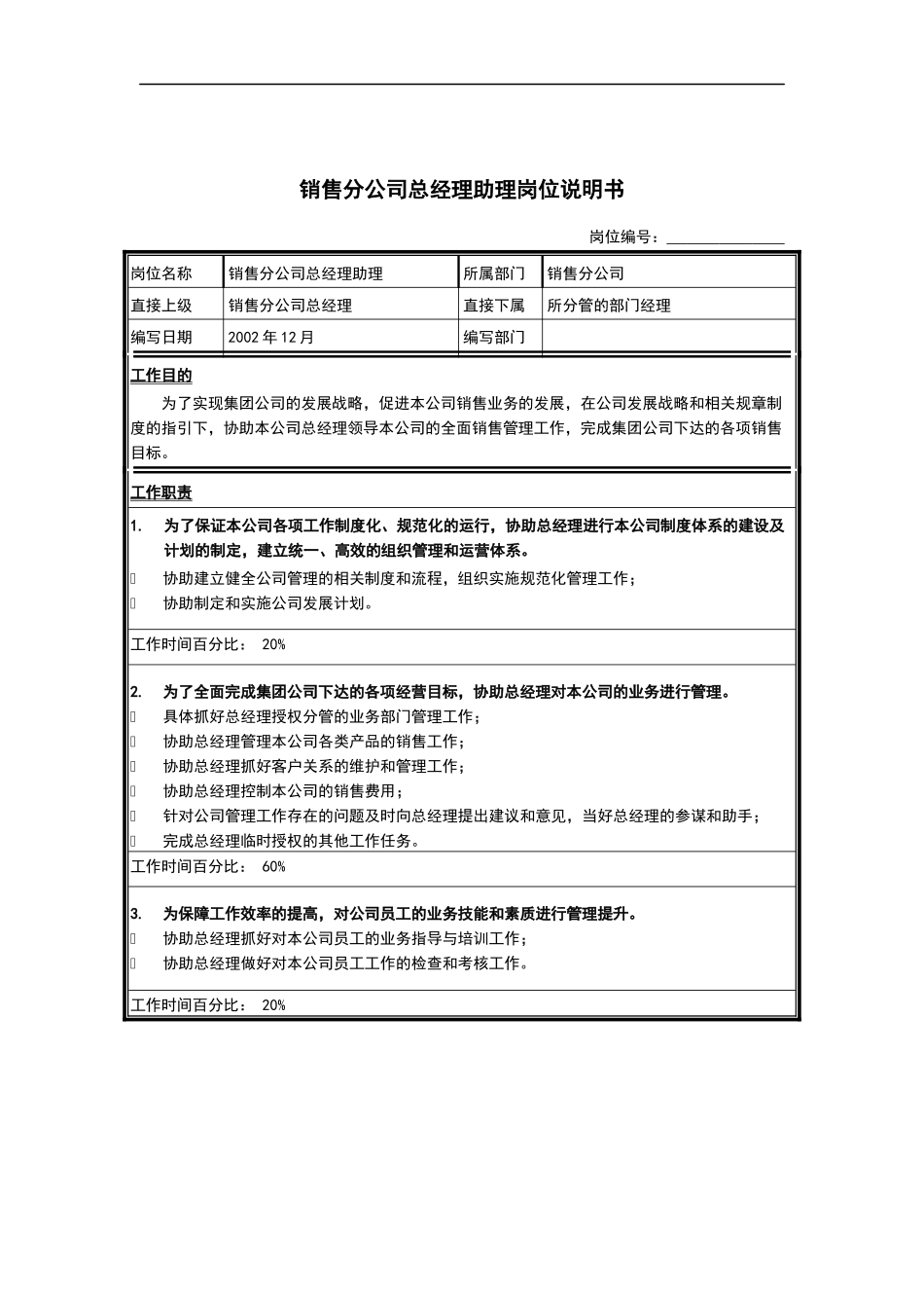 销售分公司总经理助理岗位说明书_第1页