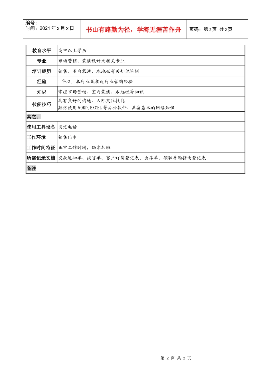 销售行业-木业公司门市业务员岗位职责说明书_第2页