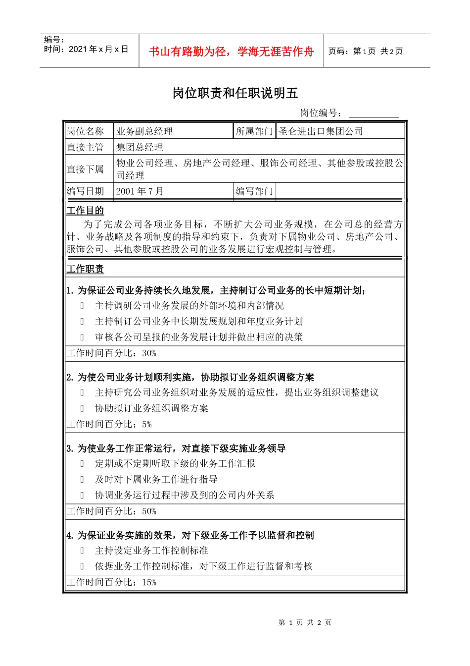 集团业务副总经理岗位职责和任职资格说明_第1页