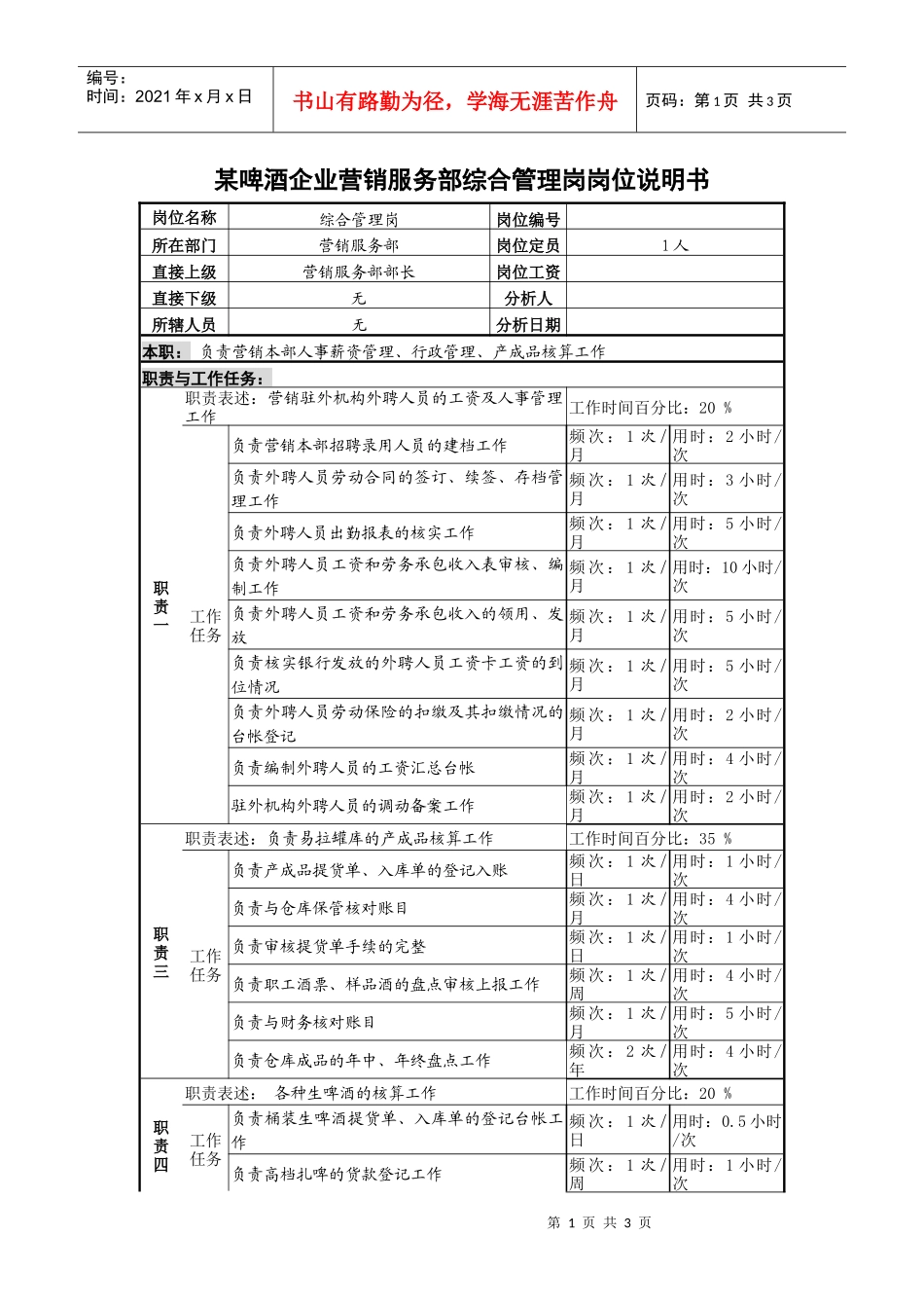 某啤酒企业营销服务部综合管理岗岗位说明书_第1页