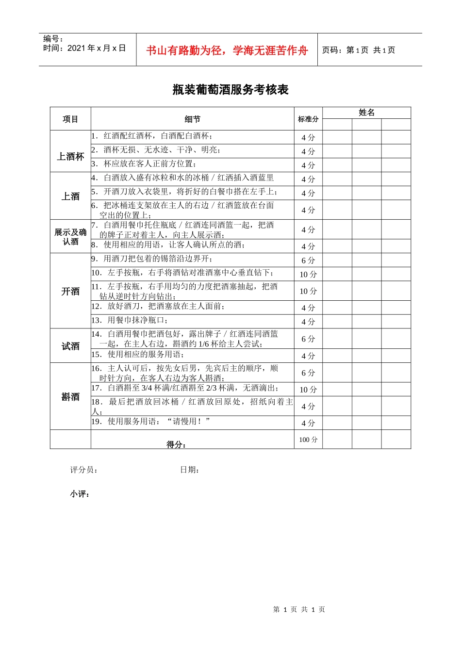 瓶装葡萄酒服务考核表_第1页