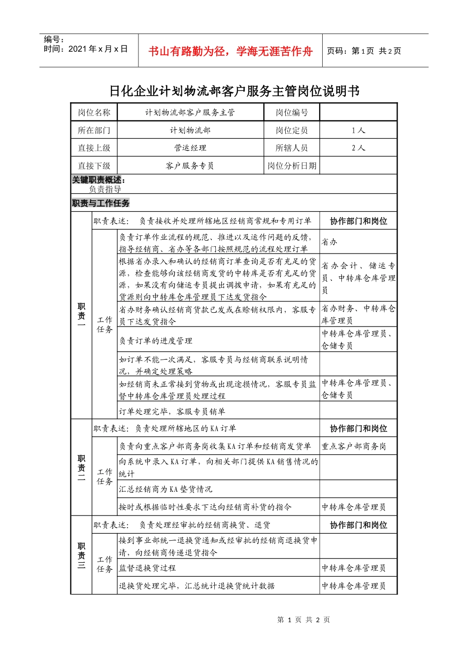 日化企业计划物流部客户服务主管岗位说明书_第1页