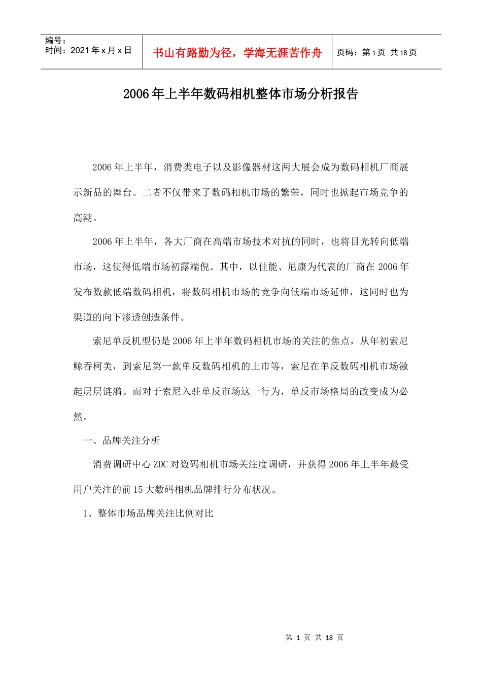 某年上半年数码相机整体市场分析报告_第1页