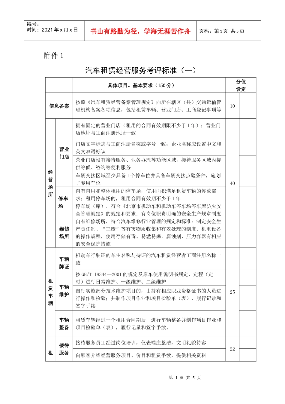汽车租赁经营服务考评标准(一)_第1页
