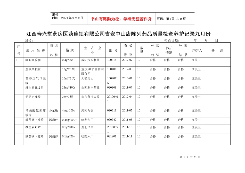 江西寿兴堂药房陈列药品质量检查养护记录九月份_第1页