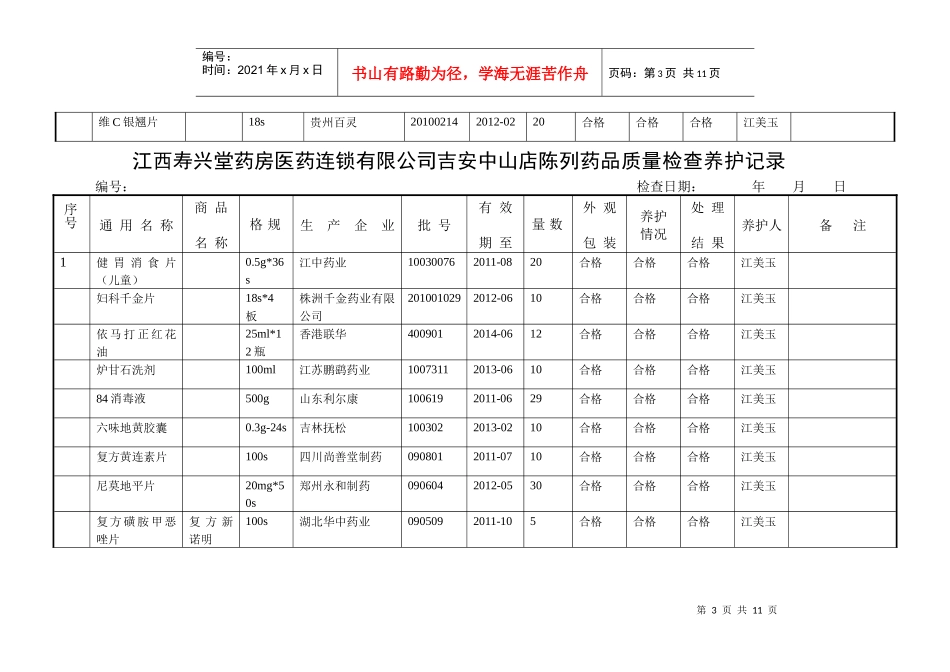 江西寿兴堂药房陈列药品质量检查养护记录九月份_第3页