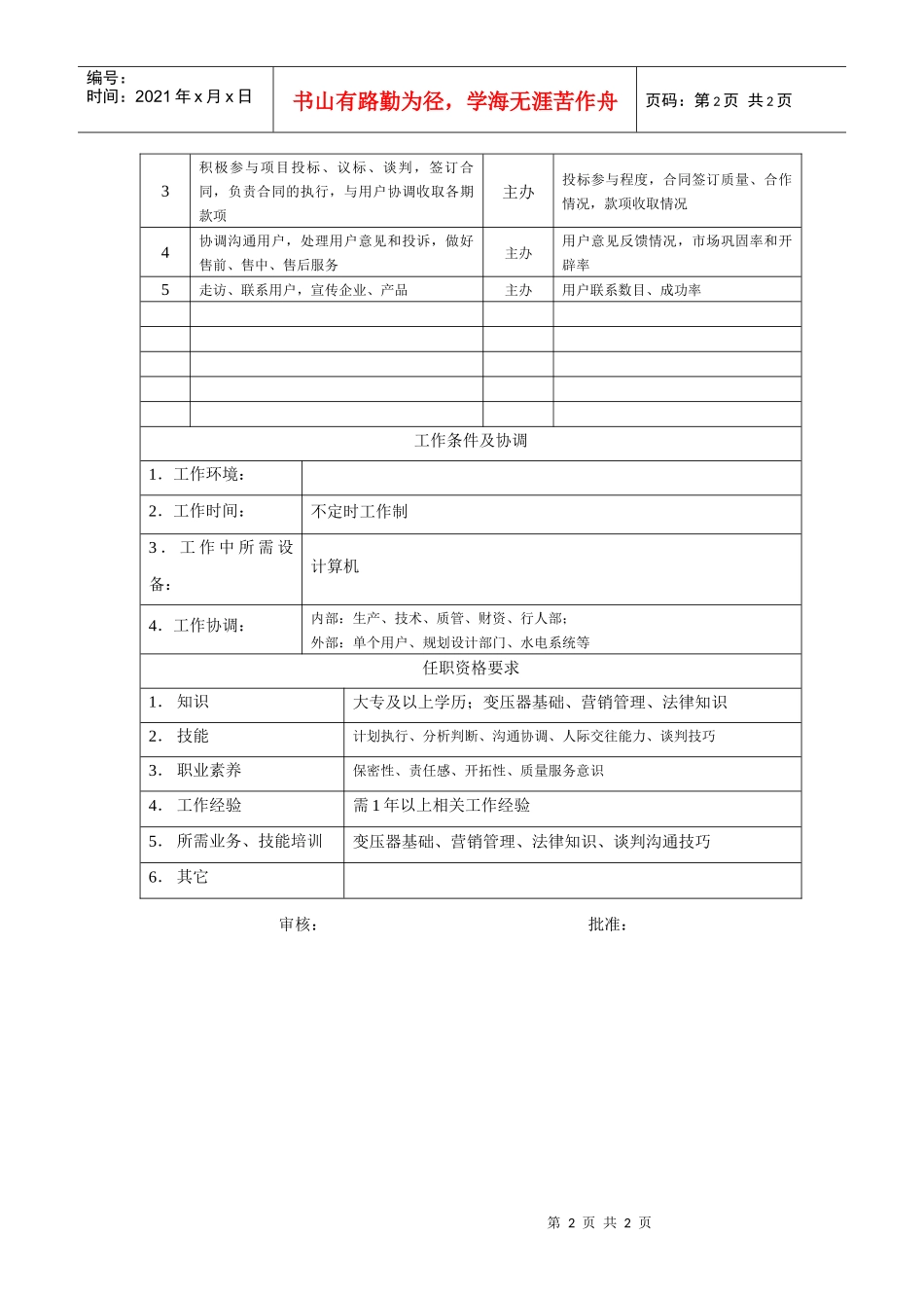 电力集团某大型电气配件企业销售员岗位说明书_第2页