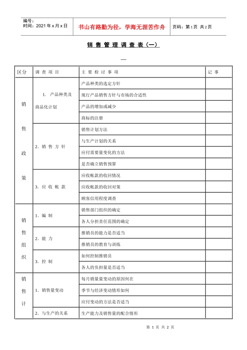 销售管理调查表（一）(1)_第1页