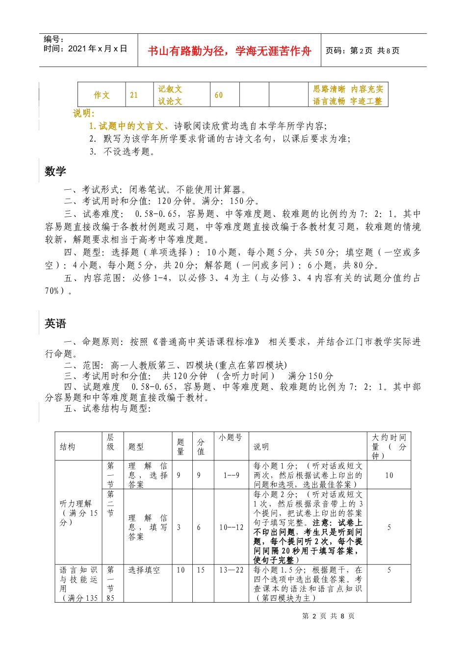 江门市XXXX年普通高中高一、高二调研测试各学科命题说明_第2页