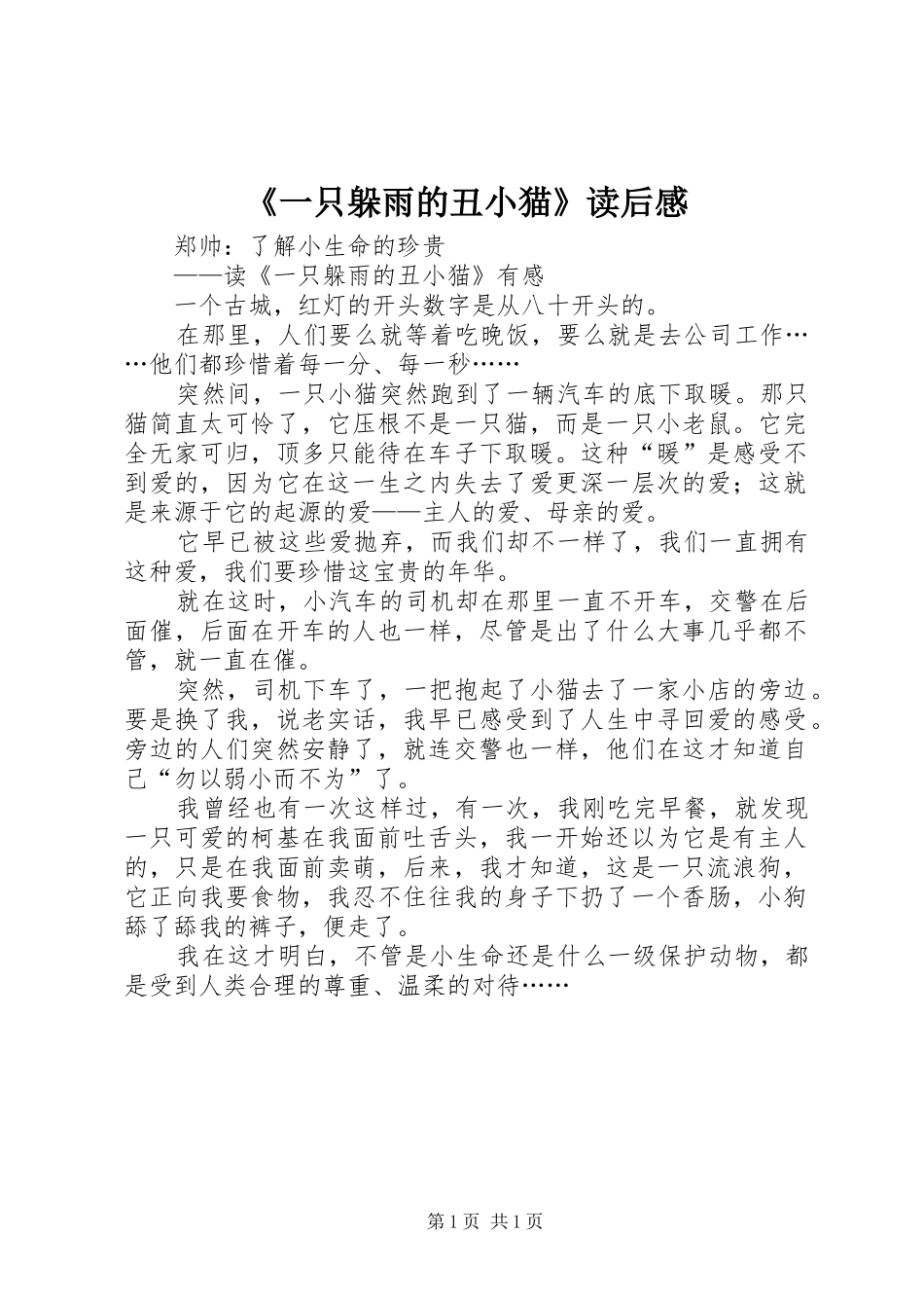 《一只躲雨的丑小猫》读后感_第1页
