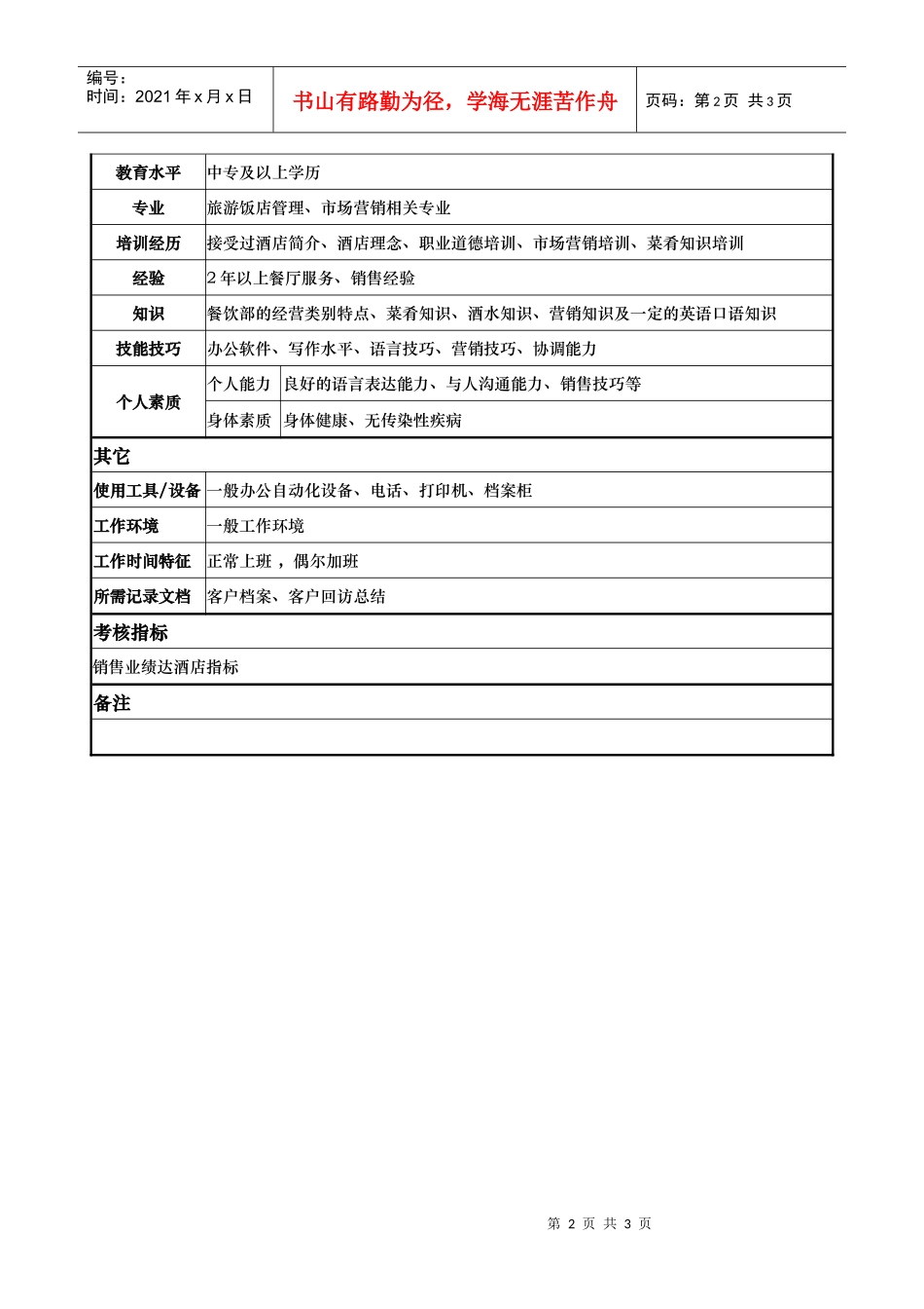 酒店餐饮部销售员岗位说明书_第2页