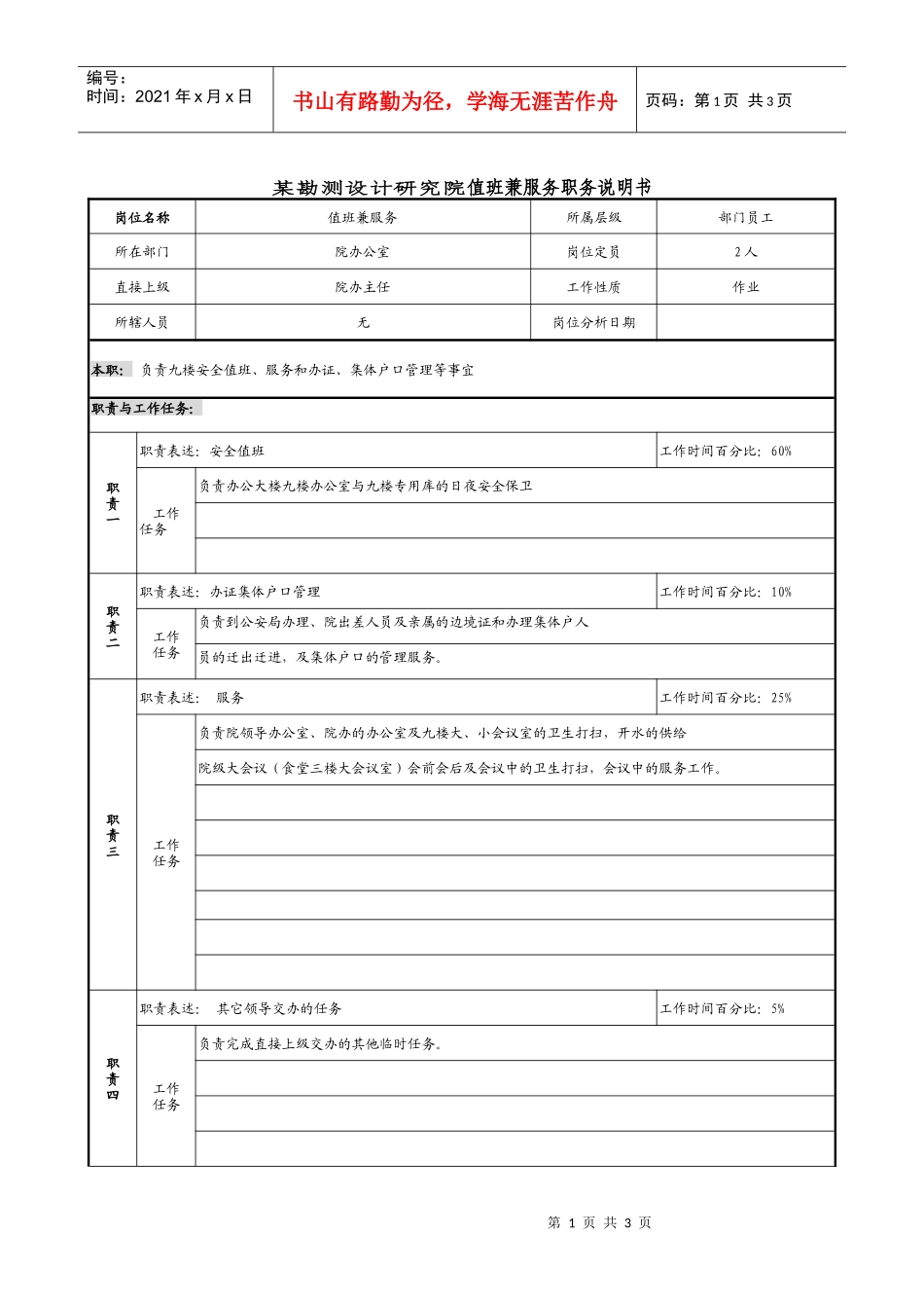 某勘测设计研究院值班兼服务职务说明书_第1页