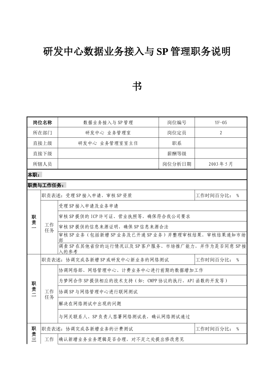 通信行业-研发中心业务管理室-数据业务接入与SP管理岗位说明书_第1页