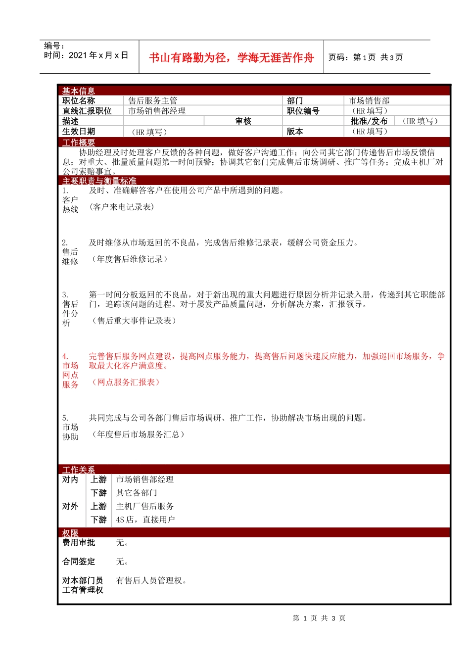 某大型电子公司售后服务主管职位说明书_第1页