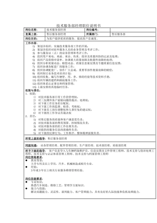 技术服务部经理职位说明书