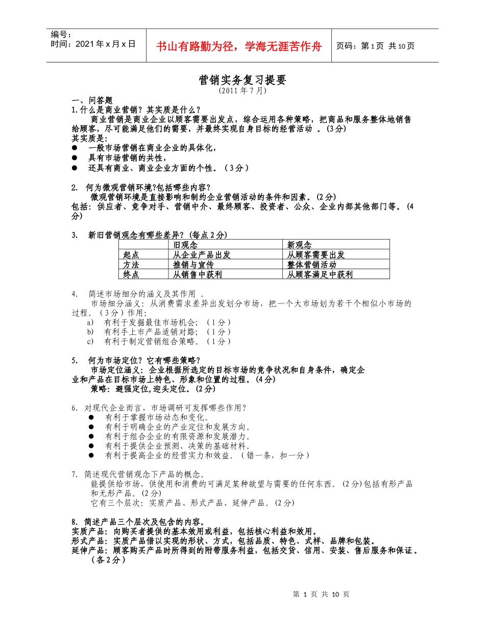 营销实务复习提要(XXXX年7月)_第1页