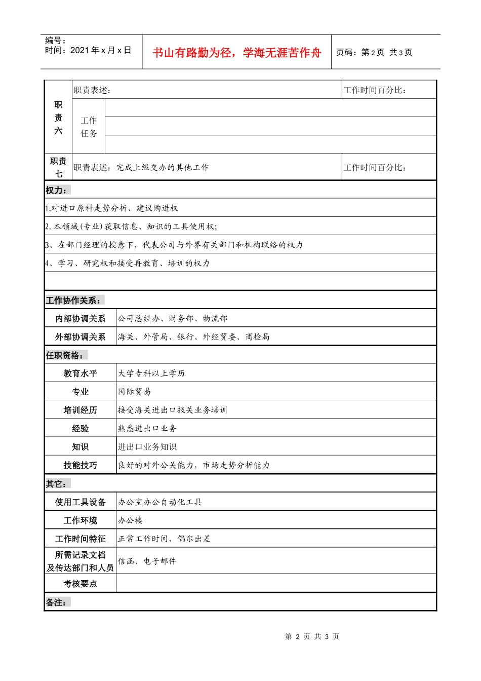 某化纤企业出口业务主办职务说明书_第2页