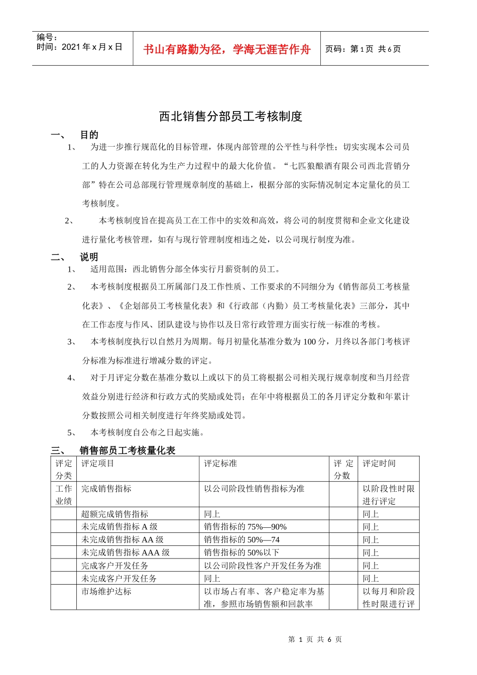 西北销售分部员工考核制度_第1页