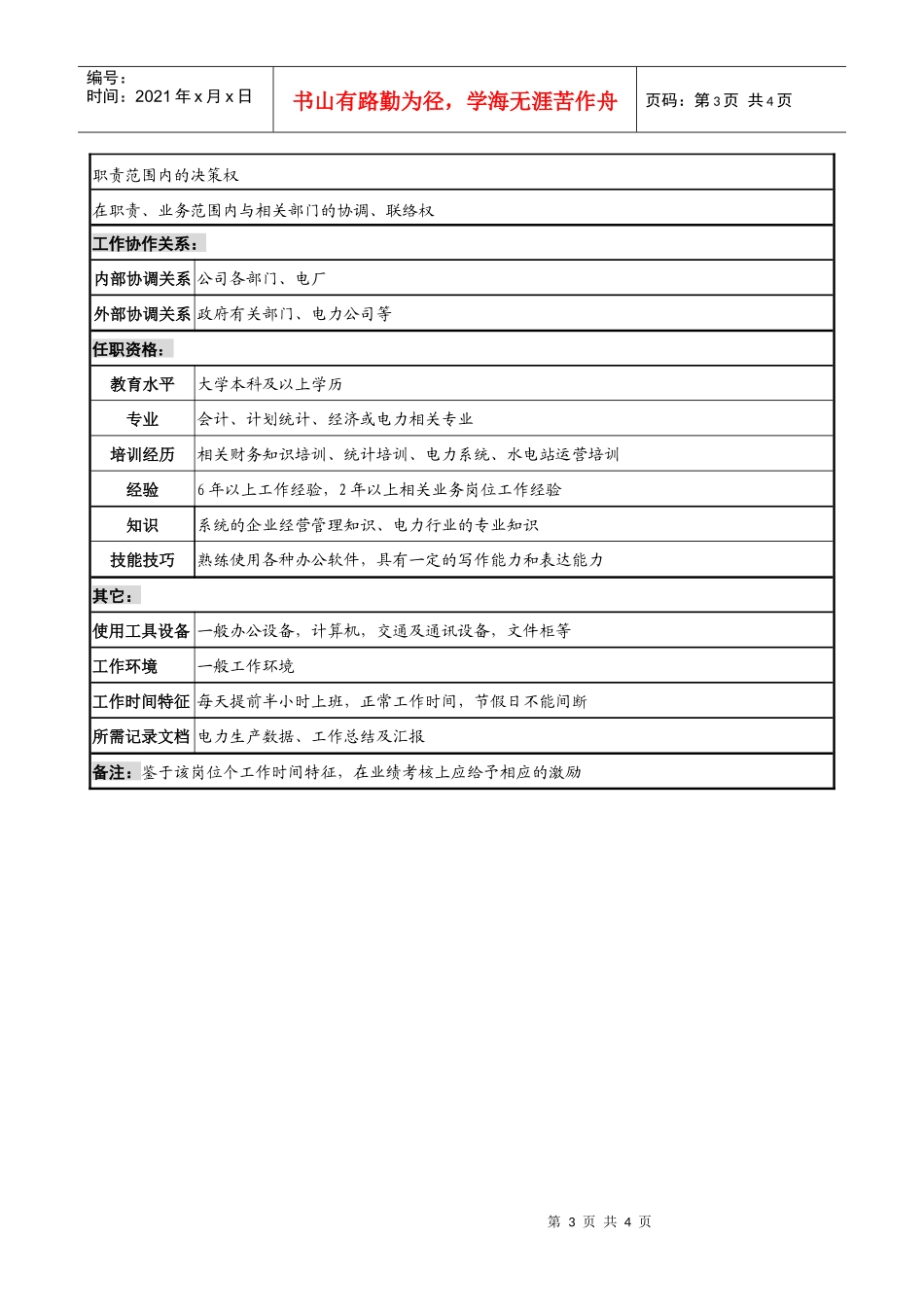 某发电企业电力营销部市场分析与拓展职务说明书_第3页