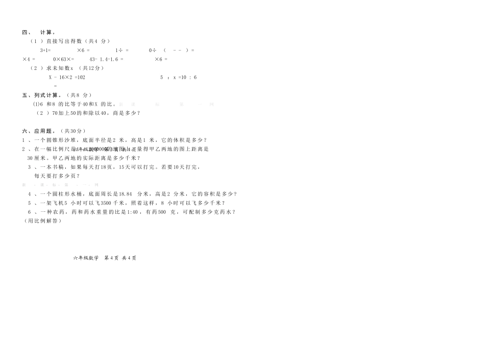 周口市六年级数学下学期期中试卷 _第2页