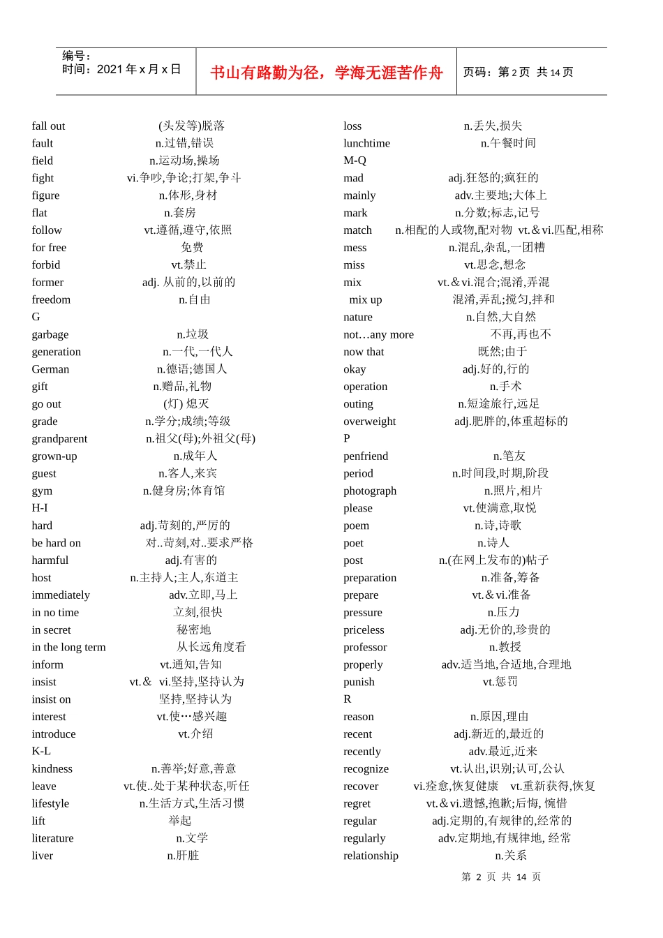 牛津高中英语单词表(单元M1-M4)整理完全汇总 无广告 无背景 更清晰_第2页