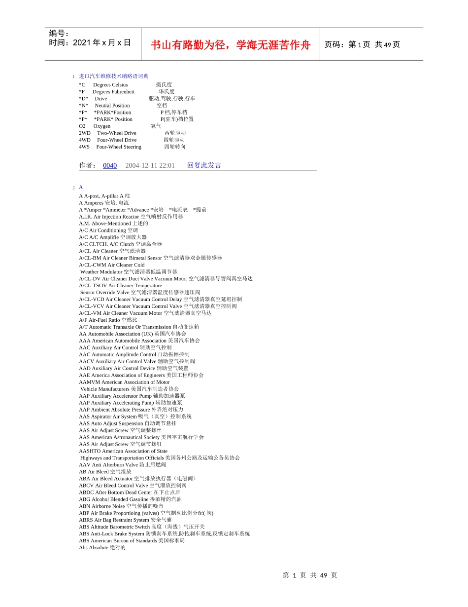 进口汽车维修技术缩略语词典_第1页