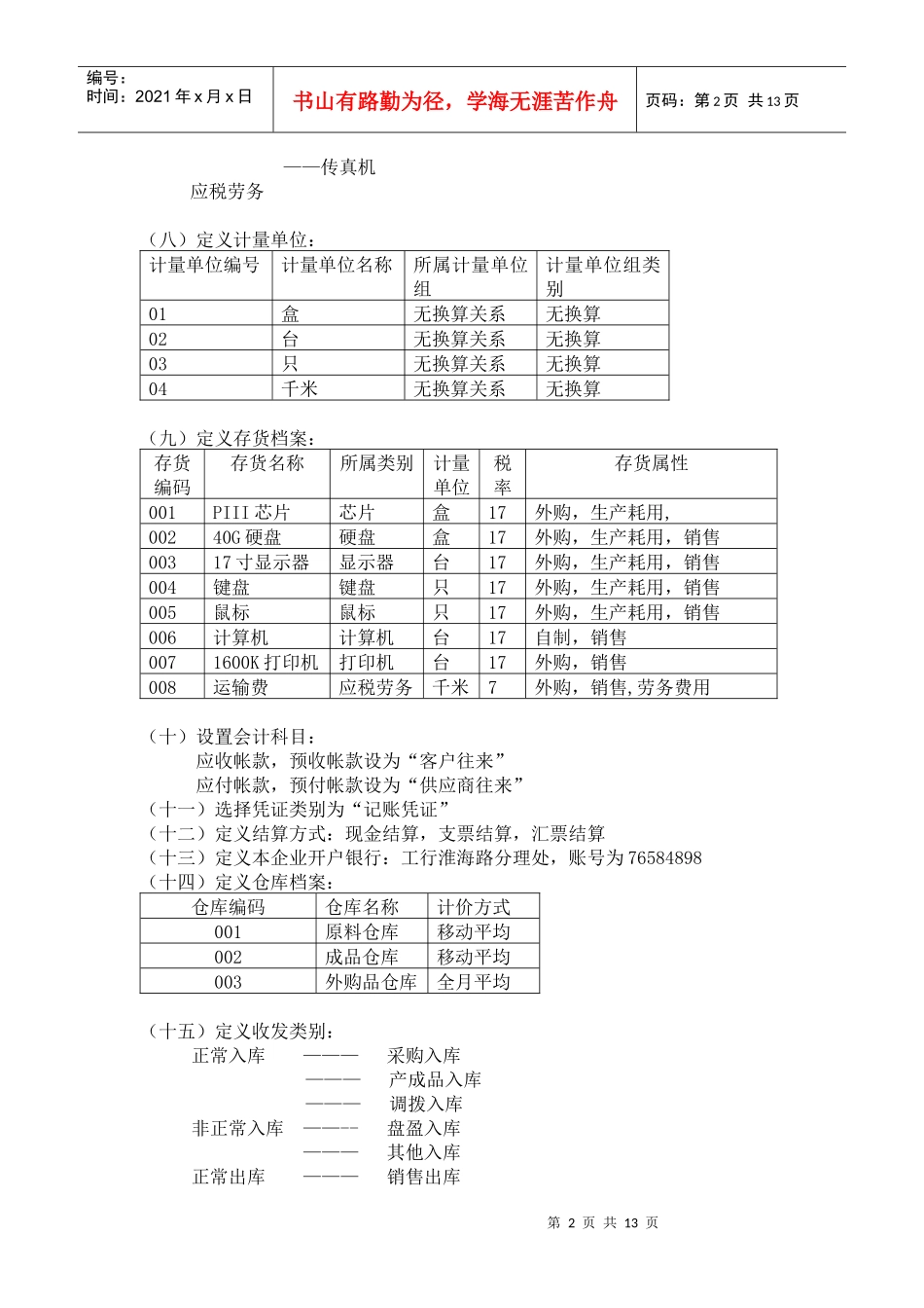 用友 购销存 进销存 模板练习手册 练习题_第2页