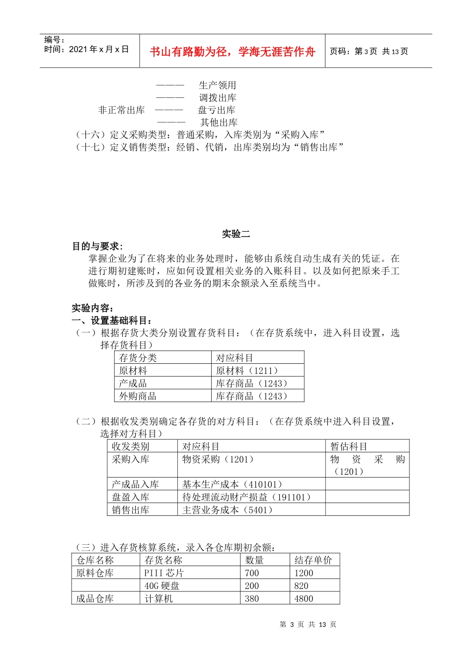 用友 购销存 进销存 模板练习手册 练习题_第3页