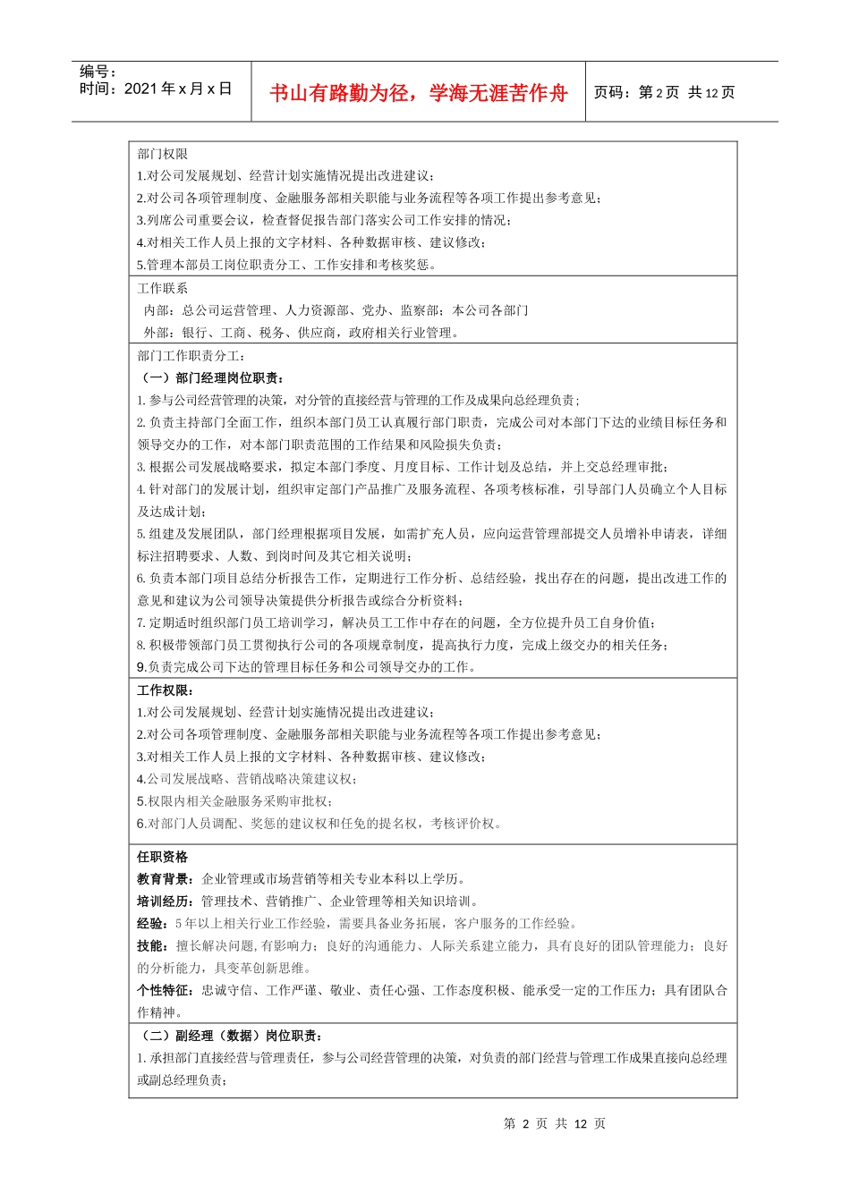金融客户服务外包部岗位职责说明书_第2页