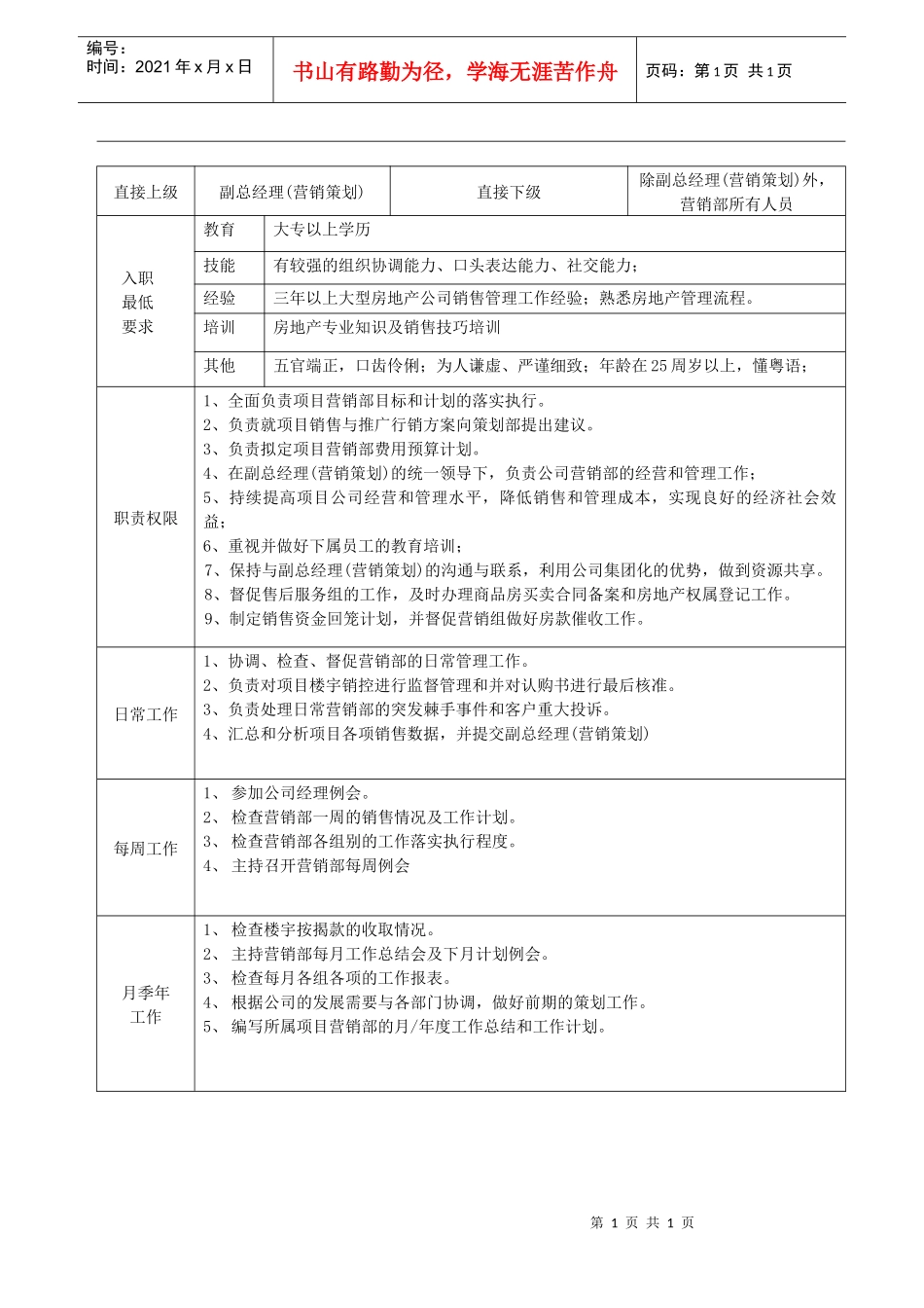 营销部（副）经理职务说明书_第1页
