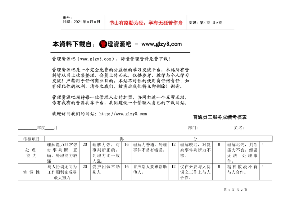 普通员工服务成绩考核_第1页