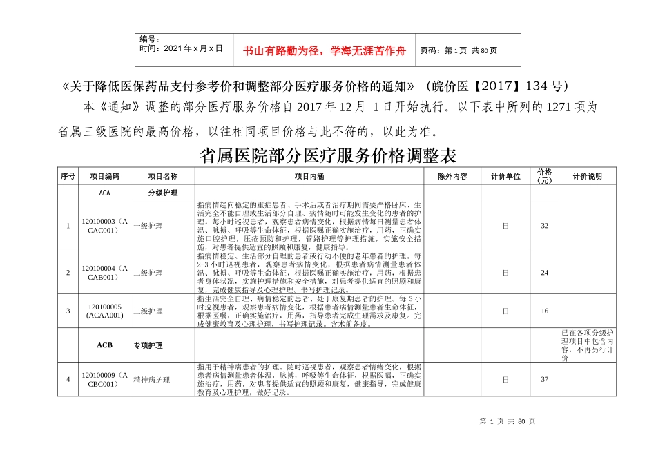 省属医院部分医疗服务价格调整表（DOC82页）_第1页